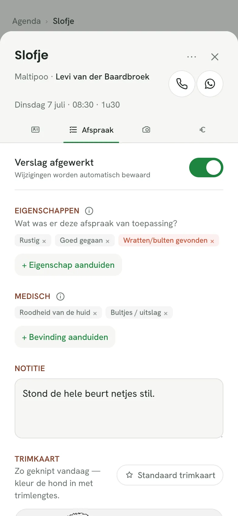 Een afspraak afronden in papertail: verslag, bevindingen en trimkaart