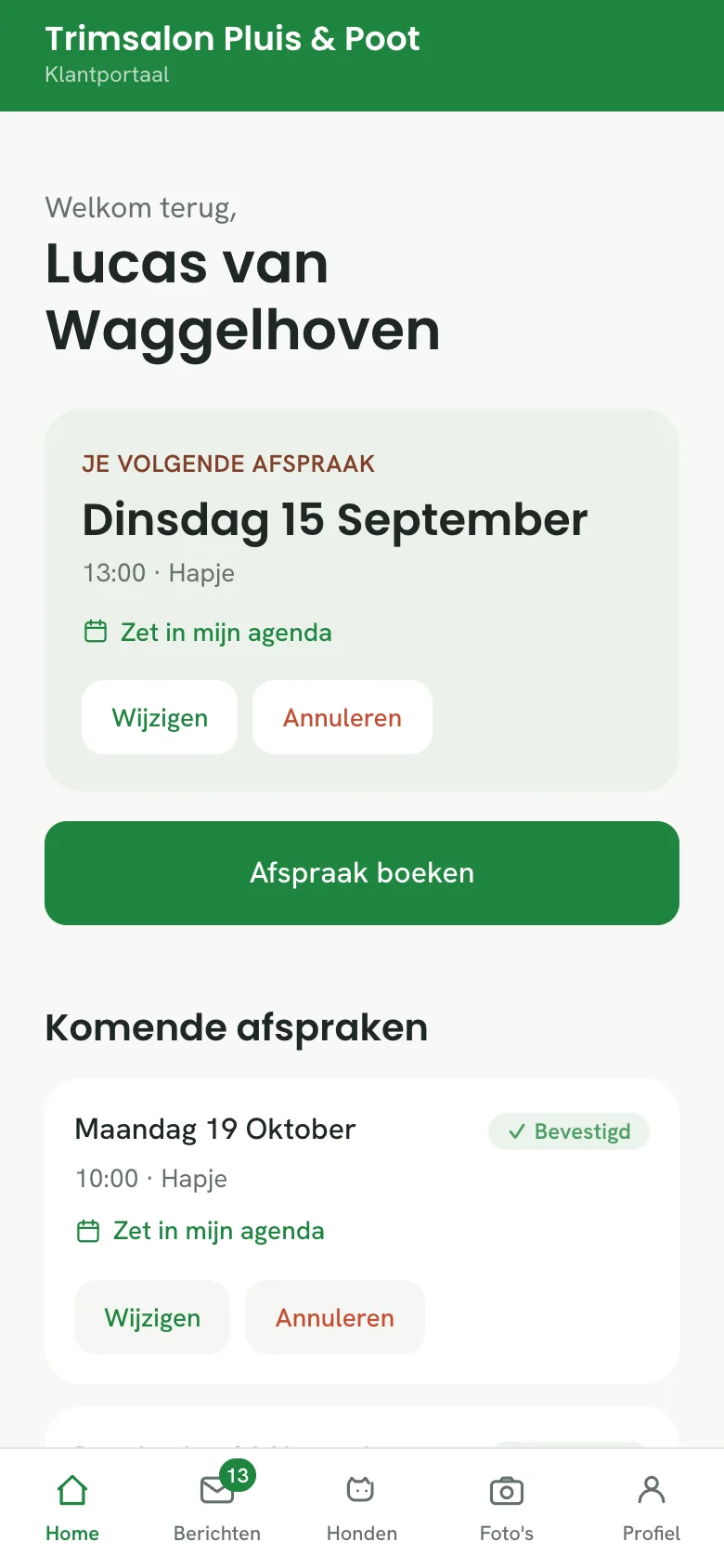 Het klantenportaal van papertail: de klant ziet zijn afspraken en honden