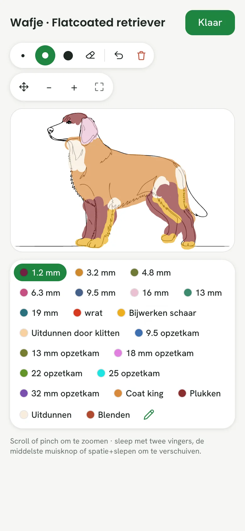 De digitale trimkaart in papertail: vachtlengtes per lichaamsdeel ingekleurd op het rassilhouet
